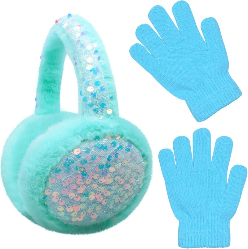 FYBW Ear Muffs Gloves Set for Kids, Winter Adjustable Sequins Warm Earmuffs for Kids Outdoor Cold Weather - Image 1